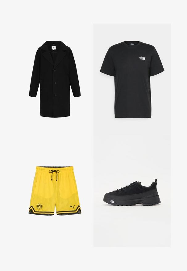 Fekete kabát, kivágott gallérral, hosszú ujakkal és egyenes szabással. Az anyaga puha tapintású, gombokkal és oldalsó zsebekkel rendelkezik.; Fekete pamut póló, rövid ujjú, kerek nyakkivágással és egy kis fehér logóval a bal mellrészen. Egyszerű dizájn, sima textúra és laza fazon.; Sárga hálós sportnadrág fekete részletekkel, húzózsinóros derékkal, csapatlogóval és átlós csíkozással az alján.; Fekete kültéri sneaker velúr felsőrésszel, texturált gumitalppal és strapabíró fűzőrendszerrel. Megerősített sarkú és oldalán márkalogóval rendelkezik.