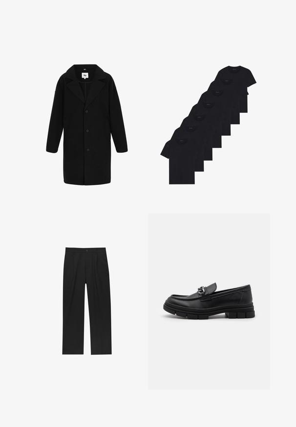 Črn plašč z nazobčanim ovratnikom, dolgimi rokavi in ravnim krojem. Tkanina ima mehak teksturo, vsebuje gumbe in stranske žepe.; Nabor osmih črnih bombažnih majic s kratkimi rokavi in okroglim izrezom, ki imajo preprost dizajn in mehak otip.; Črne hlače z ravnim krojem, narejene iz gladkega materiala. Imajo sprednje gube in enojno zaponko na pasu.; Črni usnjeni loaferji z zaobljenim nosom, dekorativnim trakom in dodatki ter debelim teksturiranim podplatom. Gladek zaključek s subtilnimi detajli.