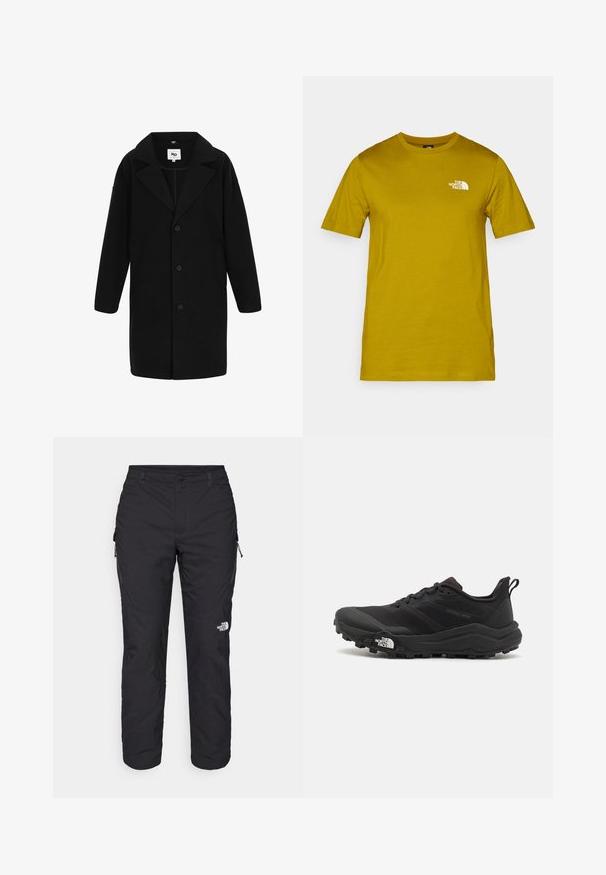 Abrigo negro con cuello con muescas, mangas largas y corte recto. La tela tiene una textura suave, presenta botones y bolsillos laterales.; Camiseta de algodón de manga corta en color mostaza con un logo blanco impreso en el lado izquierdo del pecho. Cuello redondo con un ajuste estándar y textura suave.; The North Face WINTER EXPLORATION TAPERED CARGO - Pantalones montañeros largos - black; Zapatilla de trail running negra con upper texturizado, suela de goma y puntera reforzada. Presenta un collar acolchado y una lengüeta para poner y quitar fácilmente.