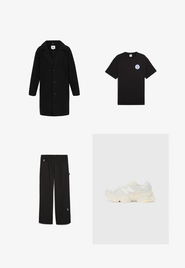 Abrigo negro con cuello con muescas, mangas largas y corte recto. La tela tiene una textura suave, presenta botones y bolsillos laterales.; Camiseta de algodón negra con mangas cortas, cuello redondo y un logo azul redondo en el área izquierda del pecho. Textura suave y corte casual.; Pantalones negros con cintura elástica, dos bolsillos frontales y un pequeño detalle bordado en la parte inferior de la pierna. Fabricados con un material ligero.; Zapatilla ligera con parte superior de malla y ante en suaves tonos crema, con una suela gruesa y acentos tridimensionales.
