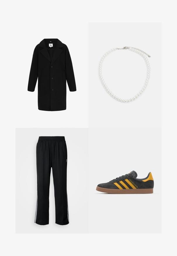 Crni kaput s rever collarom, dugim rukavima i ravnim krojem. Tkanina ima mekanu teksturu, s gumbima i bočnim džepovima.; Bijela pamučna majica s kratkim rukavima, s crnim logotipom "BASKETBALL" i ikoničnim dizajnom s tri pruge sprijeda.; Crne sportske hlače s elastičnom trakom oko struka, s bijelim bočnim prugama i malim logotipom. Materijal izgleda mekan i lagan.; Crne nubuk tenisice s žutim detaljima, sa tri pruge i smešnim gumenim potplatom. Imaju jastučić na jeziku za udobnost.; Bijela biserna ogrlica s uniformnim okruglim oblikom, glatkom površinom i metalnom kopčom s produžnom lancem za podesivu duljinu.