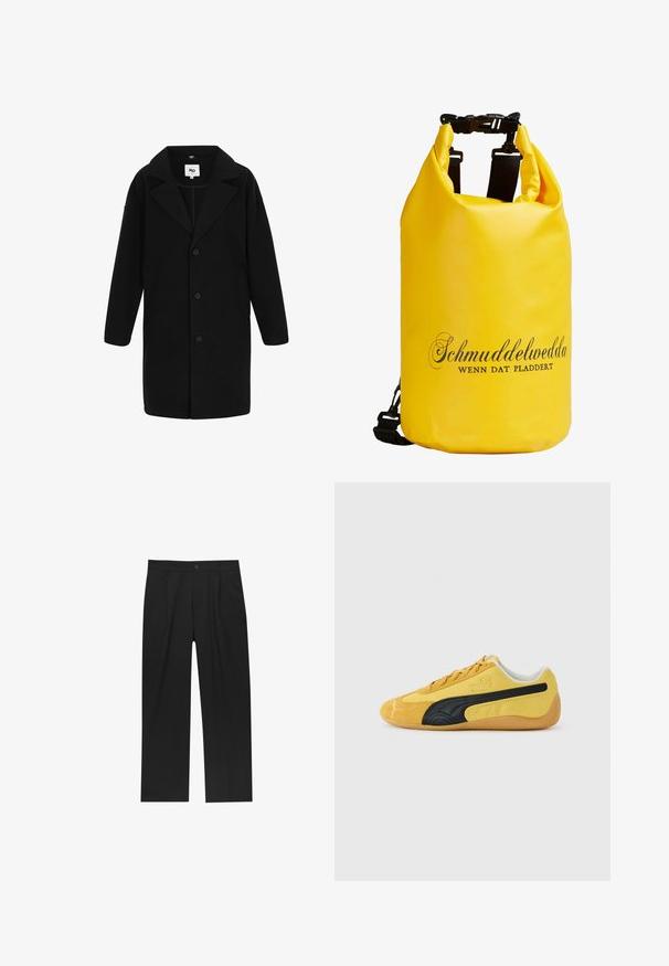 Palton negru cu guler tip notch, mâneci lungi și croiala dreaptă. Materialul are o textură moale, prezintă butoane și buzunare laterale.; Pachet de cinci tricouri negre cu guler rotund. Mâneci scurte, material din bumbac, croială standard. Textură netedă fără modele sau embellishments vizibile.; Pantaloni negri cu un design drept, fabricați dintr-un material neted. Au plisse în față și un sistem de închidere cu un singur buton la talie.; Sneaker Puma din suede galben, cu profil redus, cu o dungi neagră pe lateral și talpă din cauciuc de culoare caramel, prezentat dintr-o vedere laterală pe fundal alb.; Rucsac galben impermeabil, fabricat din material durabil, cu închidere tip roll-top și o curea neagră ajustabilă cu cataramă. Text negru imprimat pe față.
