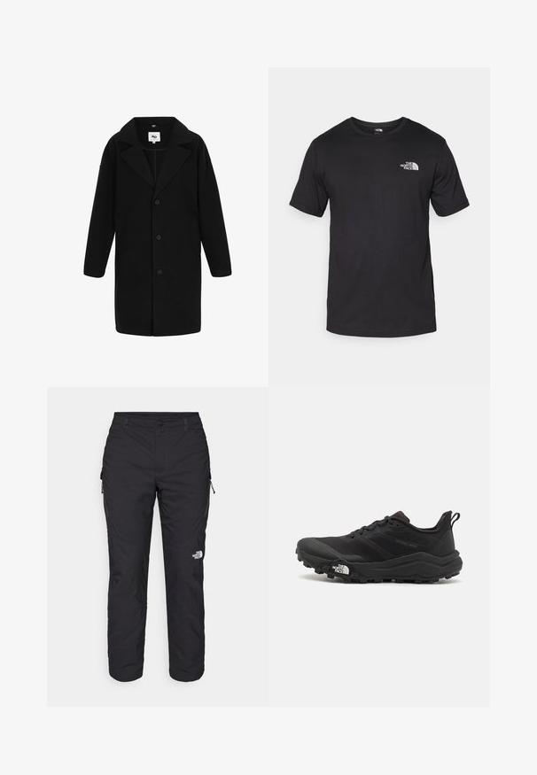 Melnā jaka ar izgriezumu, garām piedurknēm un taisnu piegriezumu. Audumam ir mīksta tekstūra, tam ir pogas un sānu kabatas.; Melna īsām piedurknēm T-krekls, kas izgatavots no kokvilnas, ar apaļu dekoltē un nelielu baltu logotipu augšējā kreisajā krūtīs.; The North Face WINTER EXPLORATION TAPERED CARGO - Āra bikses - black; Melnas taku skriešanas kurpes ar teksturētu virsu, gumijas zoli un pastiprinātu pirkstu daļu. Aprīkotas ar mīkstu apkakli un vilkšanas cilpu, lai viegli uzvilktu.