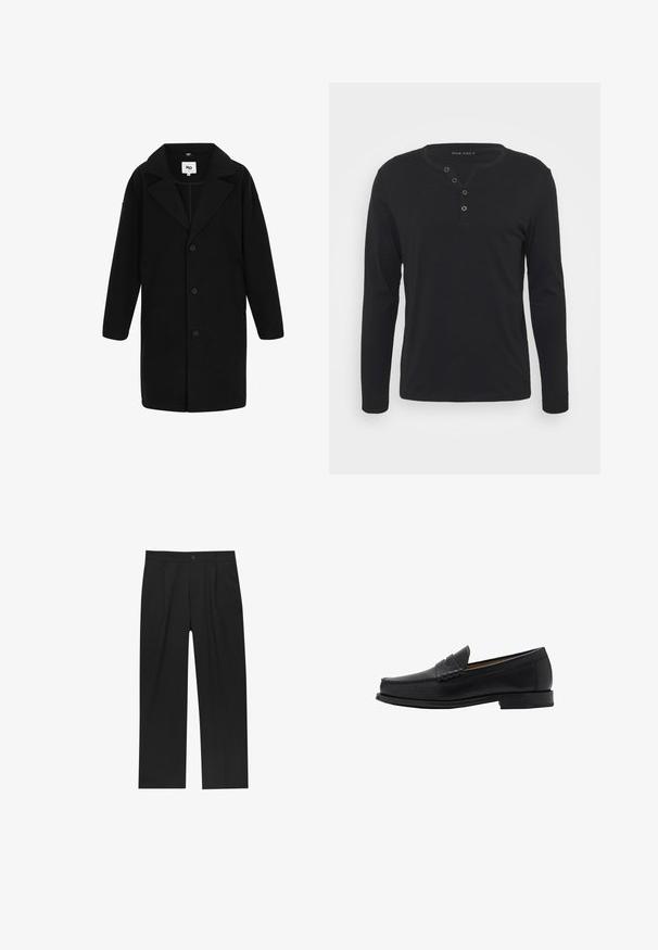 Schwarzer Mantel mit Reverskragen, langen Ärmeln und geradem Schnitt. Der Stoff hat eine weiche Textur, verfügt über Knöpfe und seitliche Taschen.; Schwarzes Langarm-Henley-Shirt aus weichem Stoff, mit knöpfbarer Leiste, rundem Ausschnitt und enganliegenden Ärmeln.; Schwarze Hose mit geradem Schnitt, aus einem glatten Stoff gefertigt. Verfügt über Vorderfalten und einen einzelnen Knopfverschluss an der Taille.; Mango Business-Slipper - black