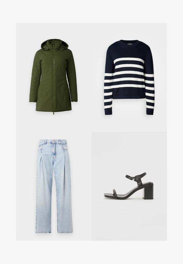 Olivově zelená zateplená bunda se zipem vpředu, vysokým límcem a nastavitelnou kapucí. Obsahuje dvě postranní kapsy a hladký povrch.; Námořnický modrý svetr s vodorovnými bílými pruhy, kulatým výstřihem a žebrovanými manžetami. Jemná textura, zkrácený střih a rovnoměrné rozložení barev.; Světlé modré džíny z denimu s vysokým pasem, širokým střihem, dvěma bočními kapsami a nařaseným designem. Měkká textura s vybledlým povrchem.; Černé kožené sandály na blokovém podpatku s širokým páskem přes prsty a nastavitelným popruhem kolem kotníku, vyznačující se elegantním, minimalistickým designem.