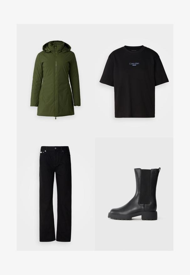 Oliežalia izoliacinė striukė su užtrauktuku, aukštu apykakle ir reguliuojama gobtuvu. Yra dvi šoninės kišenės ir lygi tekstūra.; Juodas medvilnės marškinėliai su apykakle, trumpomis rankovėmis ir mėlynai siuvinėtu "Calvin Klein JEANS" logotipu priekyje.; Juodi džinsai tiesaus kirpimo su penkiomis kišenėmis, sidabriniais kabliukais ir mygtukų užtrauktuku. Medžiaga turi lygią, šiek tiek tekstūruotą apdailą.; Juoda odinė kulkšnė batai su elastingomis šoninėmis detalėmis, apvaliu pirštu ir masyviu guminio pado. Savybė - subtilus logotipas išleistas šone.