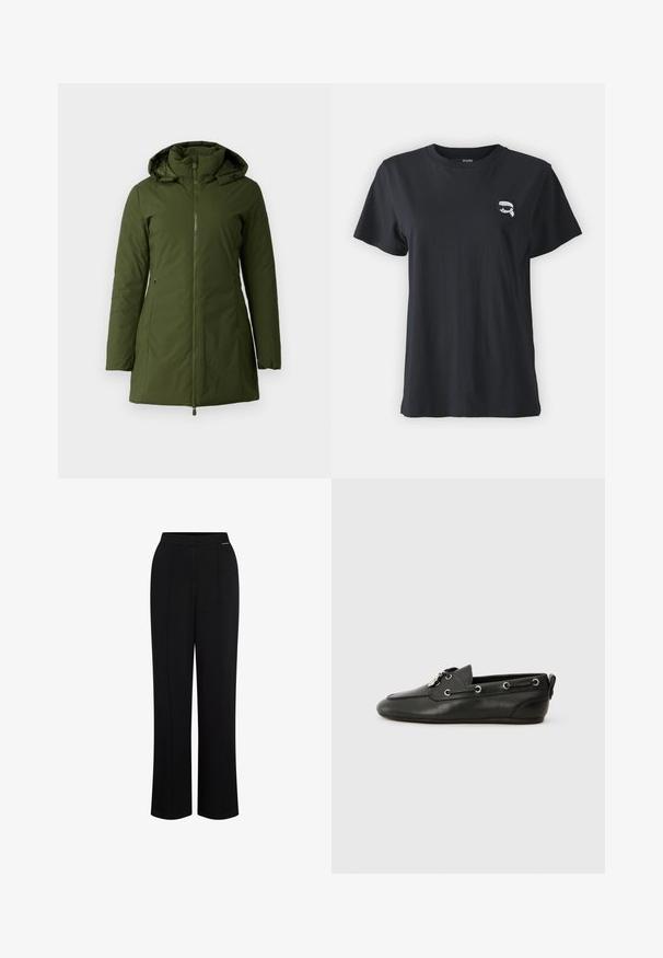 Olivgrüne isolierte Jacke mit einem Reißverschluss vorne, hohem Kragen und verstellbarem Kapuzen. Ausgestattet mit zwei Seitentaschen und glatter Textur.; Schwarzes Baumwoll-T-Shirt mit kurzen Ärmeln und rundem Halsausschnitt. Verfügt über ein kleines, weißes Grafikdesign auf der Brust. Glatte Textur, lässige Passform.; Schwarze, weite Hosen mit glatter Textur. Sie verfügen über eine flache Vorderseite, zwei vertikale Falten und einen verdeckten Bund.; Schwarze Lederbootsschuhe mit runder Zehenpartie, Schnürung vorne, metallischen Ösen und flacher Sohle. Verfügt über eine kleine Lasche hinten.