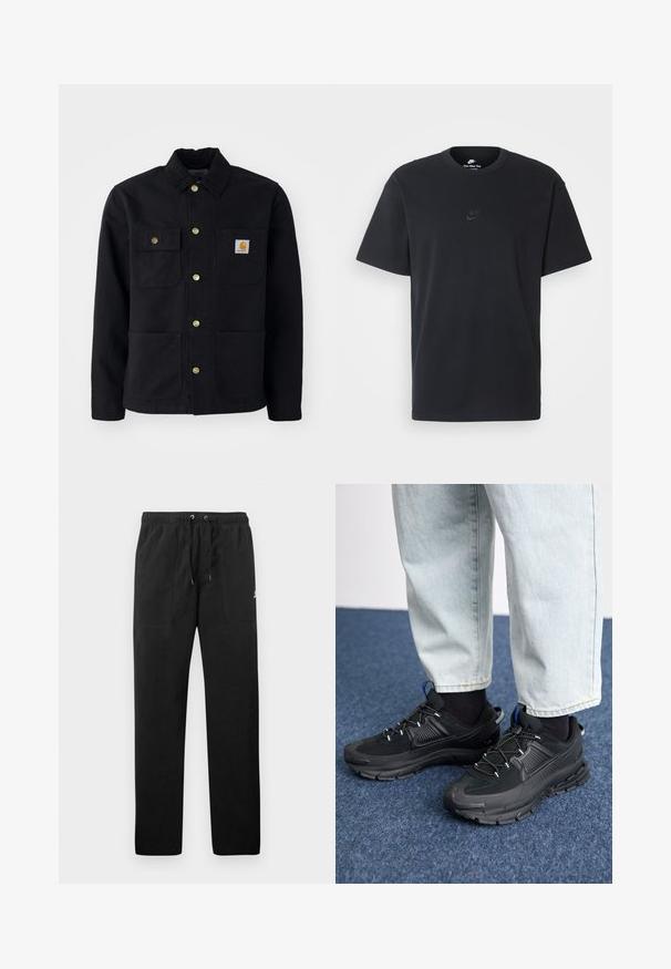 Sort jakke lavet af slidstærkt stof, med krave, guldknapper, to brystlommer og et firkantet logo-patch på venstre lomme.; Nike sort bomulds t-shirt med en klassisk rund hals, korte ærmer og et diskret, præget logo på brystet. Glat tekstur.; Sorte sweatpants lavet af fleece, med en elastisk talje med snore, to frontlommer og et lille logo på låret.; Sorte træningssko med tekstureret stof og gummisåler, udstyret med elastiske snørebånd og en blå detalje på hælen. Bæres med lyse denimbukser.