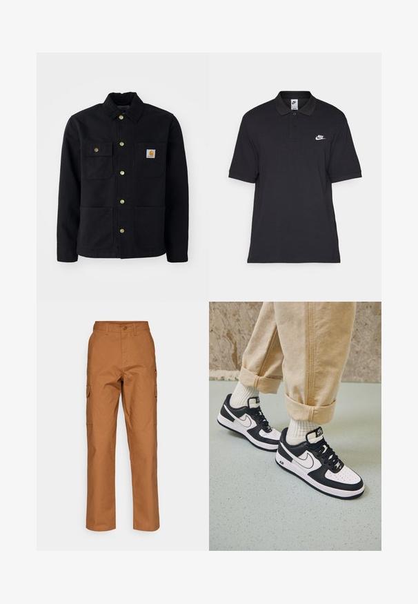 Crna jakna napravljena od izdržljive tkanine, sa kragnom, zlatnim gumbima, dva džepa na prsima i kvadratnom logotip oznakom na lijevom džepu.; Crna polo majica od pamuka, s dvostrukim gumbima, kratkim rukavima i bijelim Nike logotipom na lijevoj strani prsnog koša.; Smešane smeđe cargo hlače od teksturirane pamučne tkanine, sa ravnim krojem, dva bočna džepa i dugmetom za zatvaranje u struku.; Crno-bijeli Nike Air Force 1 tenisice s kožnim gornjištem, perforiranim prstima i teksturiranim đonom, nosene s obrnulim bež hlačama i bijelim čarapama.