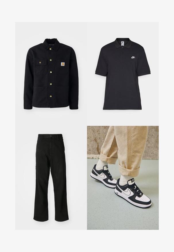 Črna jakna iz trpežne tkanine, s ovratnikom, zlatimi gumbi, dvema prsno žepoma in kvadratno logotipno nalepko na levem žepu.; Črna polo majica iz bombaža, z dvema gumboma, kratkimi rokavi in belim Nike logotipom na levo strani prsnega koša.; Črne naravnost krojene kavbojke z gumbom, zankami za pas in sprednjimi žepi na enobarvni beli podlagi.; Črno-bele superge Nike Air Force 1 z usnjenim zgornjim delom, perforiranim prstom in teksturiranim podplatom, oblečene z zvitimi bež hlačami in belimi nogavicami.