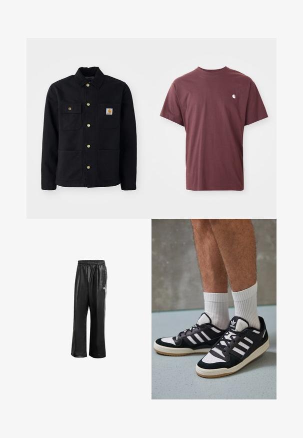 Chaqueta negra hecha de un tejido duradero, con cuello, botones dorados, dos bolsillos en el pecho y un parche cuadrado de logo en el bolsillo izquierdo.; Camiseta de algodón burdeos de manga corta, cuello redondo y un pequeño logo blanco en el lado izquierdo del pecho. Textura suave, ajuste relajado.; Pantalones de chándal sintéticos negros con cinturilla elástica, que presentan rayas laterales blancas y un pequeño logo blanco en la cadera izquierda.; Zapatillas en blanco y negro con parte superior de ante y cuero, que presentan tres franjas blancas, una puntera perforada y una suela de goma.