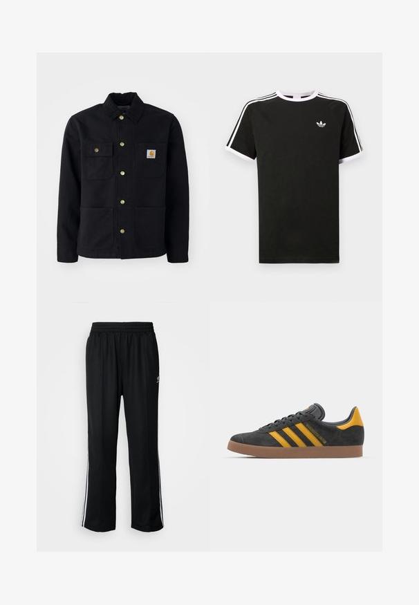 Melnā jakā, kas izgatavota no izturīga auduma, ir apkakle, zelta pogas, divas krūšu kabatas un kvadrātveida logo uz šīs kabatas.; Melna kokvilnas T-kreklu ar baltajiem akcentiem. Iezīmes īsas piedurknes, raglanu dizains un mazs logo uz krūšu. Trīs baltas svītras uz pleciem.; Melni sporta bikses ar elastīgu jostas vietu, kurām ir baltas sānu svītras un neliels logotips. Materiāls izskatās mīksts un viegls.; Melnas zamšādas kedas ar dzelteniem akcentiem, kurām ir trīs svītras un brūna gumijas zole. Iekļauta mīksta valkāšanas tongue komfortam.