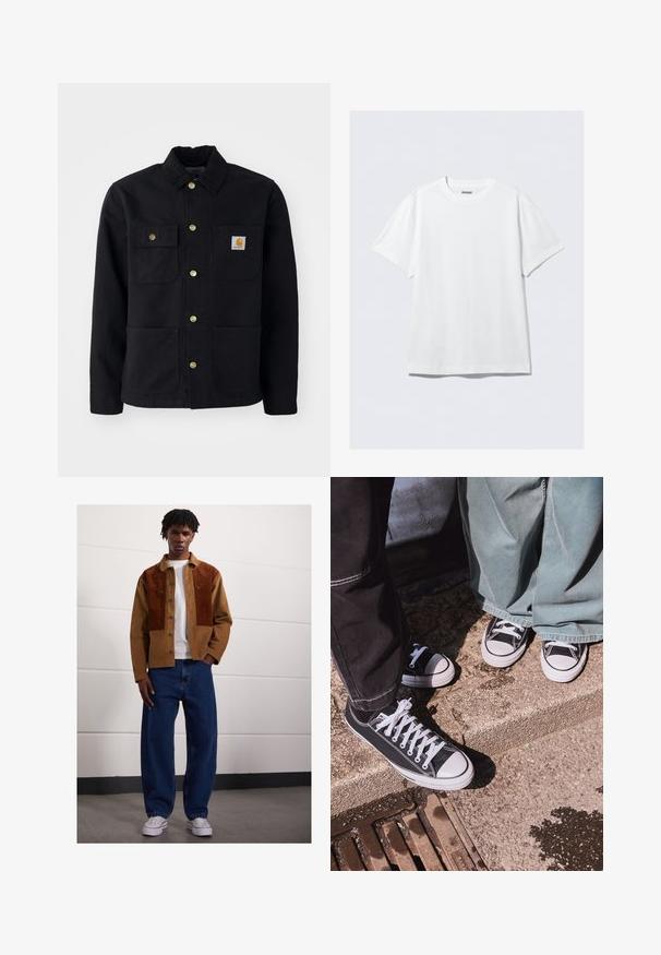 Casaco preto feito de um tecido resistente, com colarinho, botões dourados, dois bolsos no peito e um emblema retangular no bolso esquerdo.; T-shirt branca de manga curta feita de algodão suave. Apresenta um decote redondo e um corte descontraído, com uma textura lisa e um design limpo e sem adornos.; Homem de pé dentro de casa, vestindo um casaco de veludo cotelê castanho com mancha de ferrugem, uma t-shirt branca, jeans azuis largos e sapatilhas brancas.; Sapatilhas baixas em tela preta com bicos e cordões de borracha brancos, combinadas com calças de ganga largas verdes, sobre uma superfície de pedra texturizada.