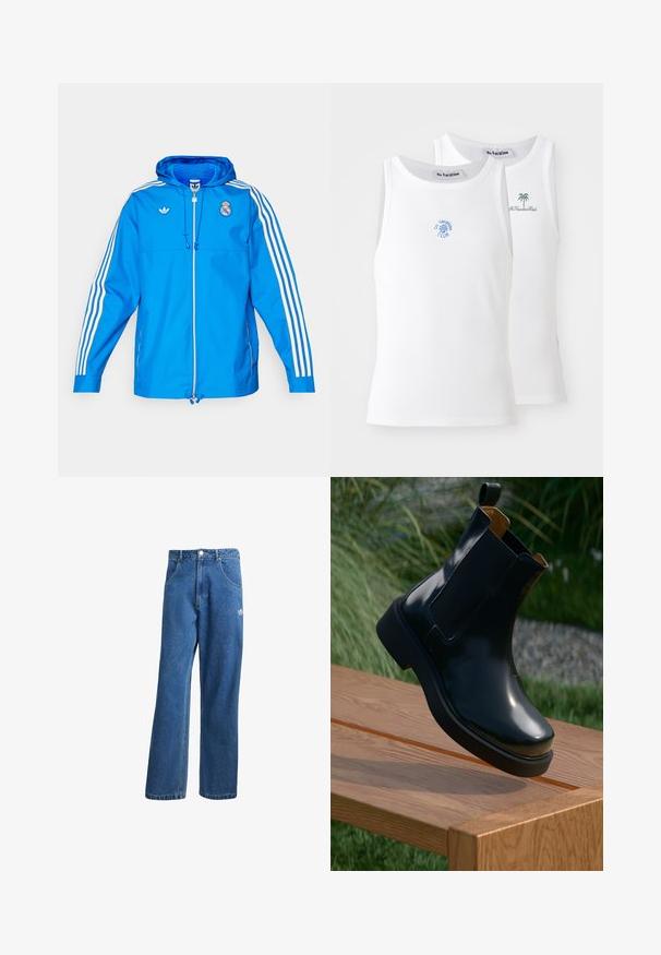 adidas Originals REAL MADRID ICON PARKA - Roupa de discoteca - bluebird/white; Dois tops brancos de alças, com textura canelada, apresentando logótipos bordados em azul e verde. Um tem um desenho de sol, o outro uma palmeira.; Calças de ganga azul com cintura alta e perna larga, com bolsos frontais, passadores de cinto, fecho de botão e pequeno logótipo da Adidas na coxa direita.; Bota chelsea de couro preto com acabamento liso, painéis laterais elásticos, bico arredondado e sola de borracha grossa, posicionada acima de uma superfície de madeira.