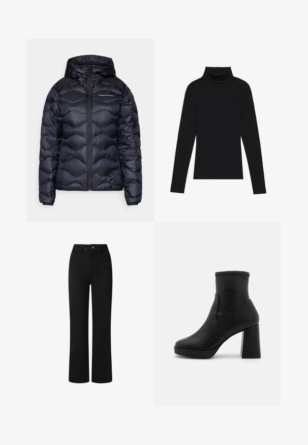 Giacca piumino navy con cappuccio, dotata di una texture trapuntata, chiusura frontale con zip e un logo sul petto. Materiale liscio e leggero.; Maglione a collo alto nero a maniche lunghe, realizzato in tessuto a coste, presenta un design aderente con un collo alto e senza motivi o dettagli.; Pantaloni neri a vita alta con design a gamba dritta, realizzati in morbido tessuto di cotone. Presentano tasche frontali e una semplice chiusura con bottone in metallo.; Stivaletto in pelle nera con tacco a blocco alto, texture liscia e fascia superiore aderente. Presenta un design senza cuciture senza fissaggi visibili.