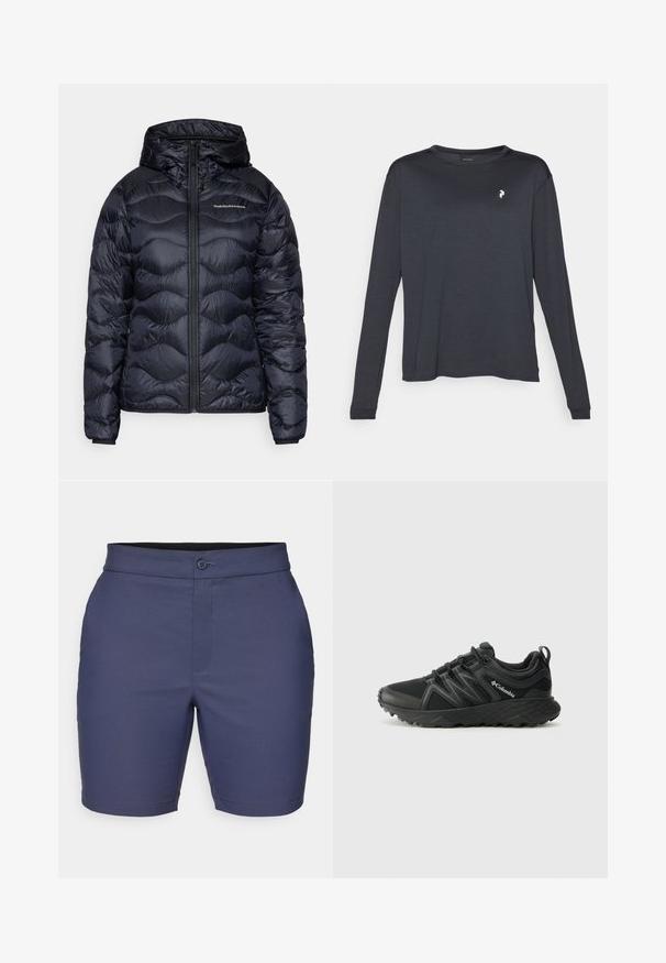 Marinblå pufferjacka med huva, med en quiltad textur, framfällbar dragkedja och en logotyp på bröstet. Slätt, lätt material.; Mörk långärmad T-shirt i texturerad tyg, med rund halsringning och en liten vit logotyp på vänster bröst.; Mörkblå shorts i slätt tyg, med knappstängning, bältesöglor och en skräddarsydd passform med en ren fåll.; Columbia PEAKFREAK - Hikingskor - black