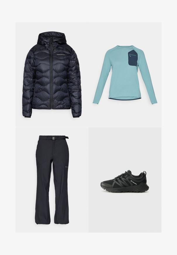 Navy puffer jacket with a hood, featuring a quilted texture, front zip closure, and a logo on the chest. Smooth, lightweight material.; Long-sleeve shirt in light blue textured fabric. Features a navy pocket with branding. Round neckline and curved hem design.; Black outdoor pants featuring a lightweight fabric, adjustable waistband with a belt, and two front pockets. Designed for comfort and utility.; Columbia PEAKFREAK - Hiking shoes - black