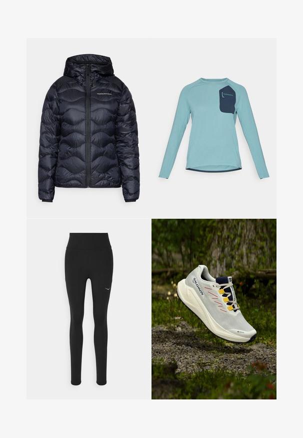 Jachetă puffer de culoare navy cu glugă, cu un model matlasat, închidere cu fermoar frontal și un logo pe piept. Material neted și ușor.; Cămașă cu mânecă lungă dintr-un material texturat de culoare albastru deschis. Dispune de un buzunar bleumarin cu branding. De asemenea, are un guler rotund și un design cu margine curbă.; Leggings negre cu talie înaltă, realizate dintr-un material elastic. Prezintă un mic logo alb pe partea stângă și detalii pe cusătura laterală.; Adidași albi pentru alergare cu accente gri și roz, marcaj GORE-TEX, superior din plasă și o talpă texturată, proiectați pentru terenuri în aer liber.