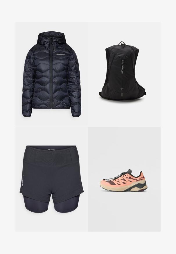 Granatowa kurtka puchowa z kapturem, z pikowanym wzorem, zamkiem błyskawicznym z przodu i logo na piersi. Gładki, lekki materiał.; Czarny krótki rękaw sportowy t-shirt wykonany z lekkiego materiału, z okrągłym dekoltem i małym logo marki z przodu.; Ciemnoszare spodenki sportowe z wewnętrzną warstwą obcisłą, z teksturowanym wykończeniem i logo "Salomon" po boku.; Buty do biegania w terenie w kolorach brzoskwiniowym i czarnym. Posiadają teksturowaną cholewkę z ukośnymi wycięciami, grubą beżową podeszwę oraz czarny system szybkiego sznurowania.; Salomon CROSS 8 UNISEX czarny