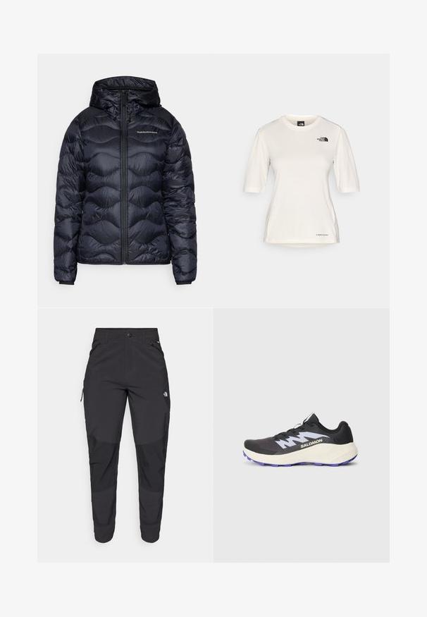 Casaco tipo puffer azul-marinho com capuz, apresentando uma textura acolchoada, fecho frontal com zíper e um logo no peito. Material suave e leve.; The North Face SHADOW SHORT SLEEVE - T-shirt desportiva - white dune; Calças pretas para exterior feitas de um tecido resistente. Apresentam bolsos com fecho, painéis de joelhos reforçados e um design de corte reto para maior mobilidade.; Shoe desportivo preto com sola roxa, parte superior em malha texturizada e detalhes cinzentos em contraste. Apresenta atacadores e um logótipo em destaque de lado.