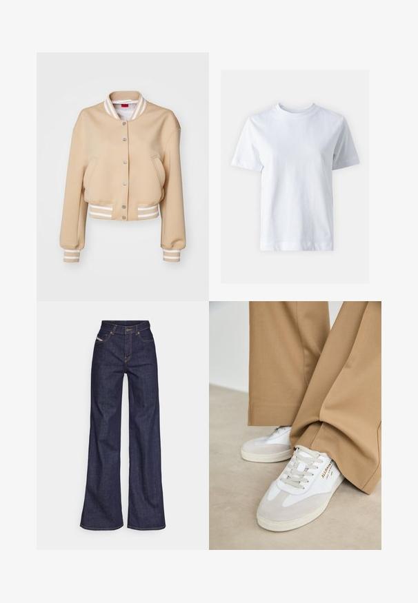 HUGO ARITA - Bombejakke - open beige; Hvit bomulls t-skjorte med rund hals, korte ermer, rett snitt og glatt tekstur. Ingen mønstre eller dekorasjoner.; Mørkeblå vide jeans i denim med høy midje, med oransje sømmer, fem-lomme-design og knappelukking.; Hvite sneakers med semsket detaljer, teksturerte lisser og gummisåle. Kombinert med løse beige bukser. Logoen vises på siden.