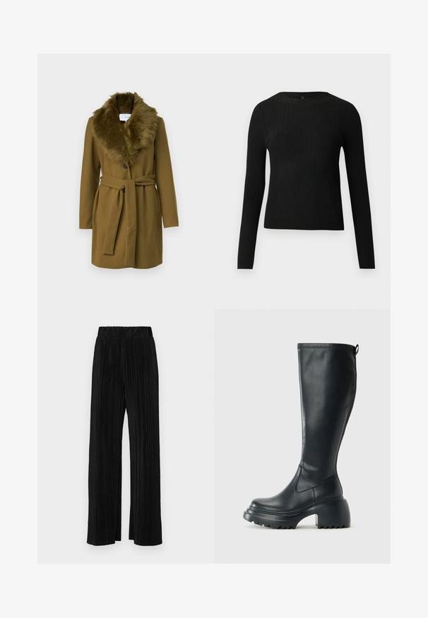 Olivzāles krāsas vilnas mēteli ar mākslīgā kažoka apkakli, dubultām pogām un jostu viduklī; tam ir divas sānu kabatas.; Melna, ribota, garām piedurknēm pieguļoša džemperis ar apaļu kakla izgriezumu, izlikta pret vienkāršu gaišu fonu.; Melni plīšu bikses ar elastīgu jostu. Tām ir platākas kājas un gluda, teksturēta auduma ar vertikālām svītrām.; Augstas melnas ādas zābakus ar masīvu platformu un bloka papēdi, ar vilkšanas cilpu un strukturētu profilu uz ārējā zoles.