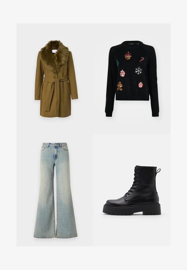 Alyvuogių žaliavos vilnonius paltas su dirbtinės pūkos apykakle, dvigubos eilės mygtukais ir diržu liemenyje; turi dvi šonines kišenes.; Juodas megztinis su apvaliu kaklu, puoštas kalėdinių simbolių: eglutė, puošmenos, meduoliai ir snaigės, blizgučiais.; Šviesiai mėlynos plačios kojos džinsai su aukštu liemeniu, turintys išblukusią apdailą, priekines kišenes ir subtilų plyšį kojų apačioje.; Juodos odinės aulinukės su apvalia nosimi, raišteliais priekyje ir storesniu guminio pado apačioje su tekstūruotu raštu. Priekyje yra kilputė.