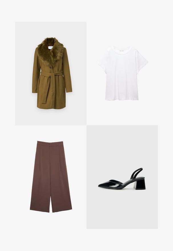 Cappotto di lana verde oliva con colletto in pelliccia sintetica, bottoni doppi e una cintura in vita; presenta due tasche laterali.; T-shirt bianco realizzato in un tessuto morbido e leggero. Presenta un collo rotondo e maniche corte e larghe con vestibilità morbida. Nessun motivo visibile.; Pantaloni ampi marroni con una texture liscia, caratterizzati da una vita alta e pieghe frontali. Il tessuto è leggero e scorre liberamente.; Décolleté in vernice nera con punta affusolata e tacco in geometria cubica. Presentano un design elegante e minimalista, con una texture liscia.