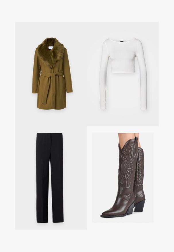 Cappotto di lana verde oliva con colletto in pelliccia sintetica, bottoni doppi e una cintura in vita; presenta due tasche laterali.; Gina Tricot SOFT TOUCH CROPPED TOP - Maglietta a manica lunga - pristine; Pantaloni neri su misura con taglio dritto, caratterizzati da una texture liscia e senza motivi visibili. Vita standard e finitura pulita.; Stivali da cowboy in pelle marrone con punta affusolata e tacco a blocco, caratterizzati da dettagliati ricami e accenti rialzati sul gambale.