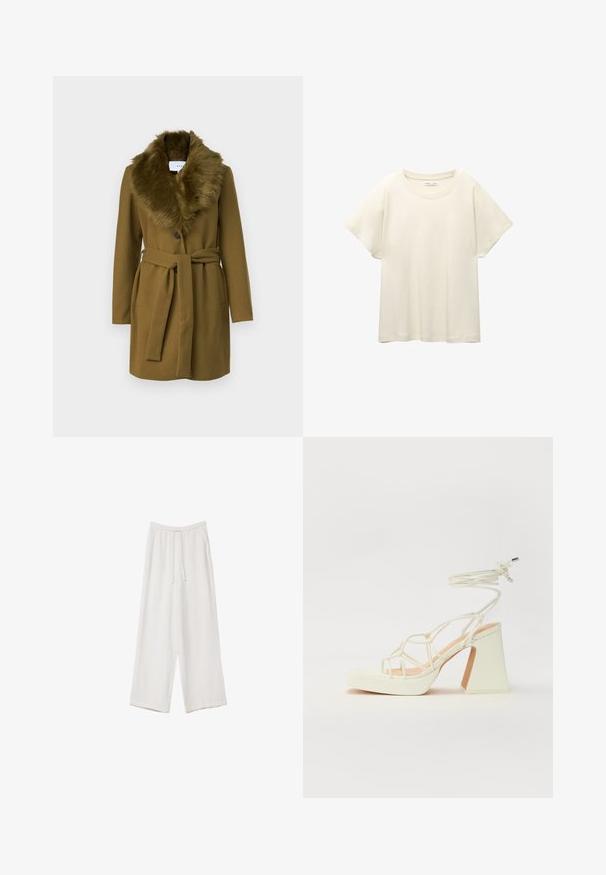 Oliven grøn uldfrakke med en krave af kunstig pels, dobbelte knapper og bælte i taljen; har to sidelommer.; Lys beige kortærmet t-shirt med rund halsudskæring, lavet af blødt, glat stof. Har en afslappet pasform og lige forneden.; Hvide bukser med bred benlængde lavet af et letvægtsstof. Har et elastisk talje med snor og sidelommer. Glat tekstur.; Hvide højhælede sandaler med en kraftig hæl, der har et stropdesign og ankelbinding. Glat tekstur med en platform foran for ekstra højde.