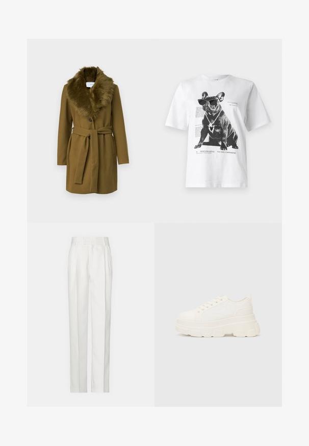 Palton verde măsliniu din lână, cu guler din blană sintetică, nasturi dubli și un cordon în talie; dispune de două buzunare laterale.; Tricou grafic alb cu un bulldog francez negru purtând ochelari de soare și un colier în formă de inimă, cu text imprimat și detalii de design.; Pantaloni albi cu dungi înguste, cu un design cu picior drept, confecționați dintr-un material ușor. Prezintă pliseuri în față și un talie tradițională.; Tenisi albi din pânză cu o talpă groasă, vârf rotund și cinci gauri pentru șireturi. Tab pentru ușurința la încălțare. Textură netedă, design minimalist.