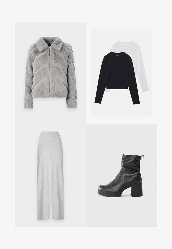 Vero Moda - Kurtka zimowa; Dwie koszule z długim rękawem: jedna czarna, a druga biała. Obie mają okrągły dekolt, rękawy raglanowe i miękką bawełnianą tkaninę.; Jasnoszare, żeberkowane spodnie wide-leg z wysokim stanem i rozcięciem z przodu. Wykonane z miękkiego materiału o gładkiej fakturze.; Czarne botki za kostkę wykonane z gładkiej skóry, wyposażone w boczny zamek błyskawiczny, masywny teksturowany obcas oraz zaokrąglony czubek.