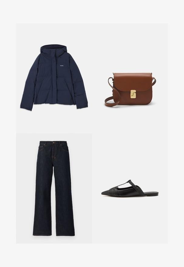 Mornarsko moder napihnjen plašč z vrvico na kapuci, polno sprednjo zadrgo, dvema sprednjima žepoma in majhnim belim logotipom na levi strani prsnega dela. Gladka tekstura.; Svetilka svetlo bež barve s krajšim krojem in zadrgo na ovratniku, ki ima strukturiran vzorec ter rebraste manšete in spodnji rob. Združuje pletene in tkane materiale.; Temno modre široke kavbojke iz denima, z oranžnim šivanjem, dvema sprednjima žepoma in gumbom za zapiranje na pasu.; Črne usnjene sandale s priponko, koničastim nosom in tkano dekoracijo ter gubanjem na zgornjem delu. Ravna podplata z minimalno opremo.; Rjava usnjena torbica s poklopcem, zlato obarvani okovi, naramnica in gladka tekstura. Kompaktna pravokotna oblika.