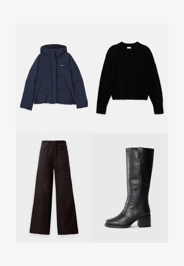 Navy blue puffer jacket with a drawstring hood, full front zip, two front pockets, and a small white logo on the left chest. Smooth texture.; Black cropped sweater made of fluffy material. Features a round neckline and long sleeves with a soft texture. Minimal design, no patterns.; Black wide-leg pants made from lightweight fabric. Features a drawstring waist, front pockets, and subtle texture.; Black leather knee-high boots with a smooth texture, square toe, block heel, and side pull tab, featuring minimal stitching details.