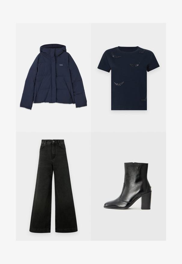 Granatowa kurtka puchowa z kapturem ze sznurkiem, pełnym zapięciem na zamek błyskawiczny, dwiema przednimi kieszeniami i małym białym logo na lewej piersi. Gładka faktura.; Granatowy t-shirt wykonany z bawełny z okrągłym dekoltem. Posiada czarne, cekinowe wzory w kształcie półksiężyca rozmieszczone na materiale. Krótkie rękawy.; Jeansy z wysokim stanem i szerokimi nogawkami w ciemnym czarnym denimu. Charakteryzują się zapięciem na guziki, przednimi kieszeniami oraz gładką teksturą z minimalnym blaknięciem.; Czarne skórzane botki za kostkę o gładkiej fakturze, spiczastym nosku i grubym wysokim obcasie. Posiadają boczne wycięcie i minimalistyczny design.