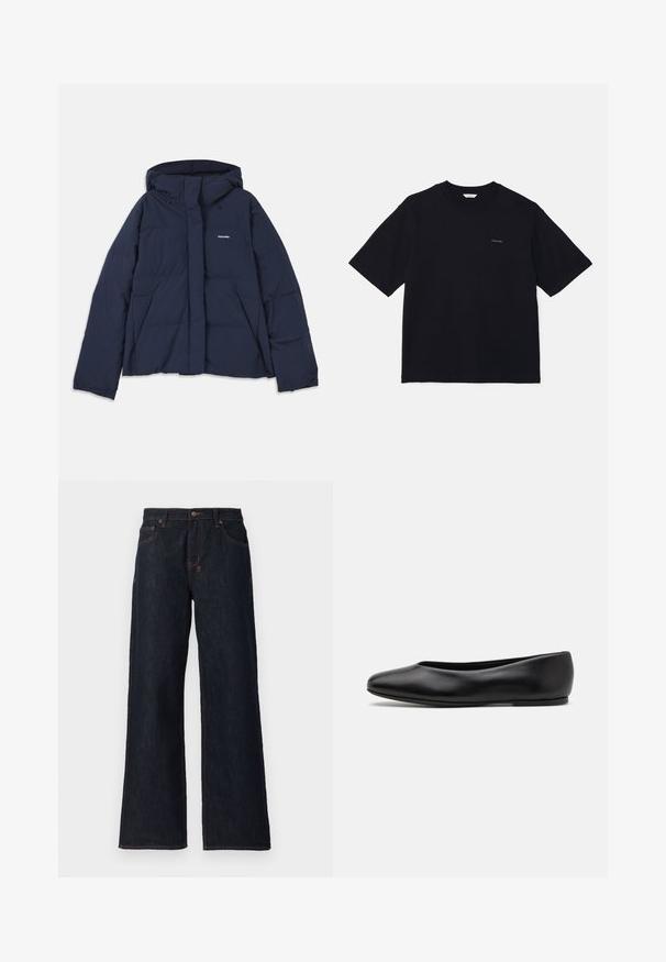Marineblauwe pufferjack met een trekkoordcapuchon, volledige ritssluiting aan de voorkant, twee voorzakken en een klein wit logo op de linkerkant van de borst. Gladde textuur.; Zwarte t-shirt met korte mouwen van katoen, met een ronde halslijn en een klein logo op de linkerborst. Soepele textuur en relaxte pasvorm.; Donkerblauwe wijde jeans gemaakt van denim, met oranje stiksels, twee voorzakken en een knoopsluiting bij de tailleband.; Paul Smith TOPANGA - Ballerina's - black