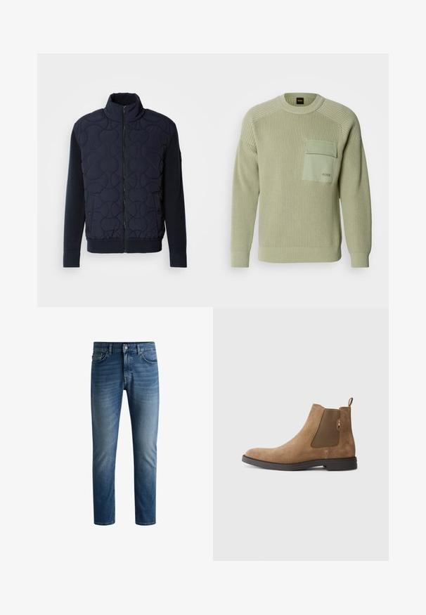 Casaco acolchoado azul marinho escuro com gola alta, fecho de correr na frente, mangas de malha e barra canelada, com padrões circulares no painel da frente.; Pulôver de malha verde claro com textura canelada, gola redonda e um bolso frontal. Apresenta uma marca no bolso e punhos ajustados.; Jeans em denim azul escuro com corte reto, design de cinco bolsos, desbotamento leve nas coxas e um único botão de fecho na cintura.; Bota Chelsea castanha em camurça, com painéis laterais elásticos e uma alça. Apresenta um bico arredondado e uma sola de borracha plana para maior estabilidade.