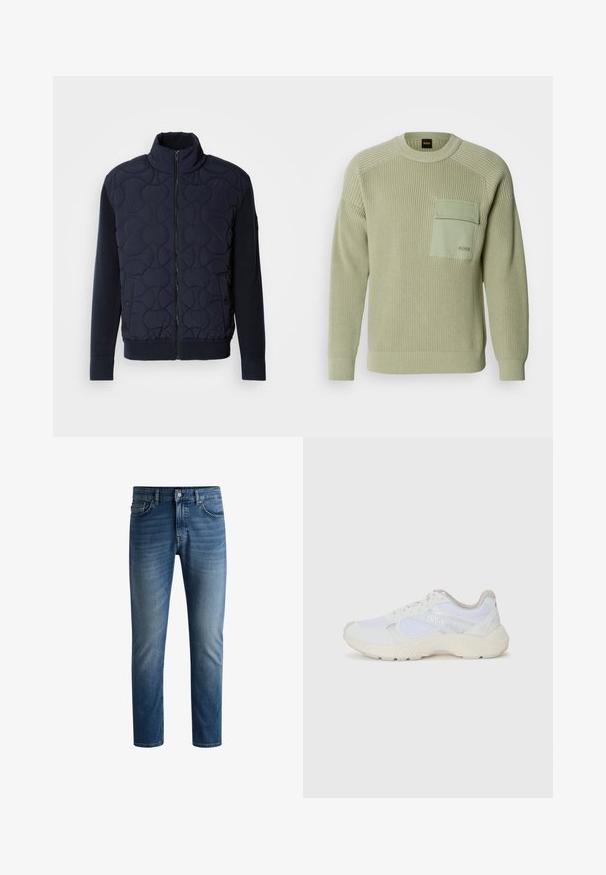 Mørk sjøgrønn quiltet jakke med høy krage, glidelås foran, strikkede ermer og ribbestrikket hem, med sirkulære mønstre på frontpanelet.; Lys grønn strikkegenser med ribbet tekstur, rund hals og en frontlomme. Har merkevare på lommen og tettsittende mansjetter.; Mørk blå denimjeans med rett snitt, fem lommers design, lys falming på lårene, og en enkelt knapp i midjen.; Hvit idrettssko laget av mesh og skinn, med en teksturert mellomsåle, teksturerte detaljer og "HUGO"-logo på siden.