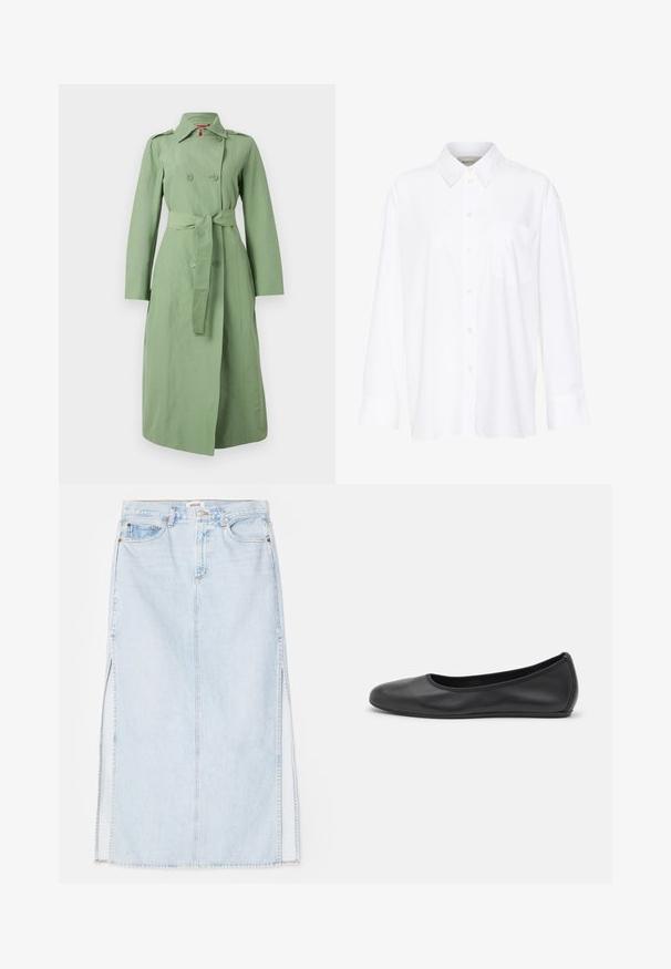Zelený trenčkot s páskem, dvouřadým zapínáním na knoflíky, dlouhými rukávy a klasickým límcem. Hladká tkanina s matným povrchem.; Bílá košile s dlouhým rukávem a límečkem vyrobená z bavlny. Má knoflíkovou přední část a jedno kapsičku na prsou. Hladký povrch, volný střih.; Světle modrá denimová maxi sukně se střihém do tvaru A, která má boční rozparky a design s pěti kapsami. Výrazné švy a kovové zapínání na knoflík.; Černé kožené baletní byty s kulatou špičkou, hladkou texturou, minimálními švy a flexibilním designem podrážky.