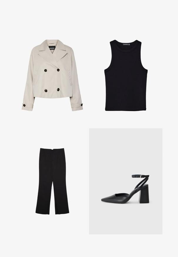 Vaaleanbeige lyhyt kaksirivinen takki, jossa on leveät läpät, neljä mustaa nappia edessä ja napitettavat hihansuut pitkissä hihoissa.; Musta hihaton paita, joka on valmistettu puuvillasta, ja jossa on pyöreä kaula-aukko sekä leveät kainaloaukot. Silkkinen pinta ja ommellut reunat. Klassinen, minimalistinen muotoilu.; Mustat housut suoralinjaisella leikkauksella, joissa on etutaskut ja sivurei'ät helman alla. Valmistettu pehmeästä ja sileästä kankaasta. Sopii eri tilaisuuksiin.; Mustat nahkakengät, joissa on kapea kärki, nilkkaremmi ja paksu korko. Tasainen pinta, tyylikäs muotoilu ja minimalistinen estetiikka.