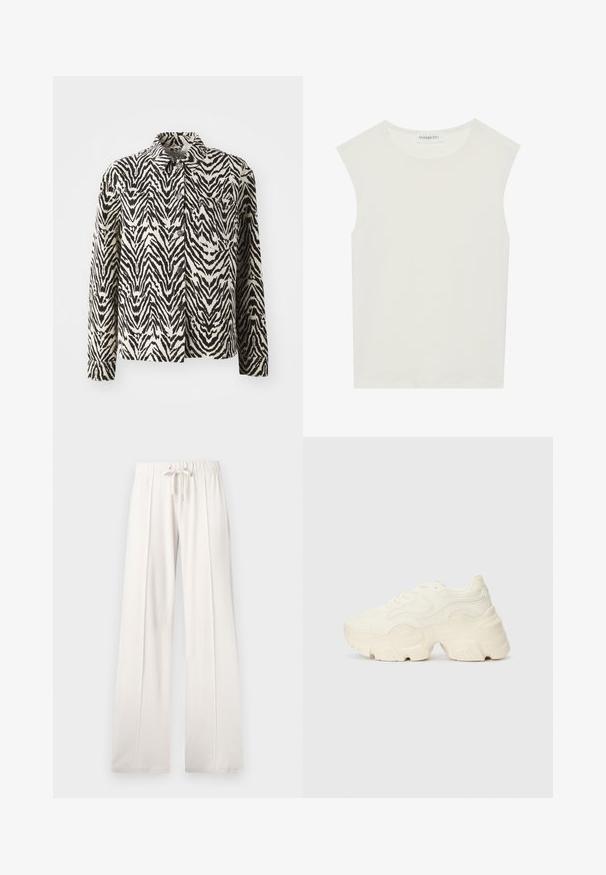 Casaco listrado de zebra em preto e creme, com mangas longas, colarinho e fechos de botão; possui um bolso no peito e tecido texturizado.; Top branco sem mangas com decote redondo. Feito de um tecido liso, apresenta um corte descontraído e um design minimalista. Sem padrões ou detalhes.; Calças de fato de treino beija claro, feitas de um tecido suave, com cintura elástica ajustável, pernas largas e costuras verticais, apresentando uma textura lisa.; Sapatilhas brancas chunky feitas de malha texturizada e materiais sintéticos, apresentando uma sola espessa e detalhes de padrão intrincados ao longo dos lados.
