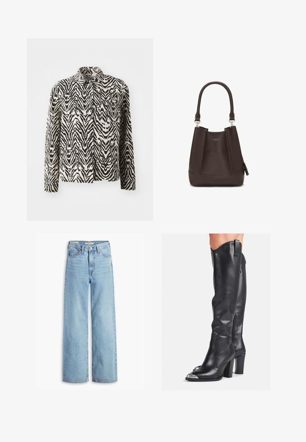 Černá a krémová bunda se zebrovaným vzorem, dlouhými rukávy, límcem a knoflíkovým zapínáním; má jednu náprsní kapsu a strukturovanou tkaninu.; Bílý žebrovaný top bez rukávů se černým vyšitým logem uprostřed hrudi. Výstřih a otvory na ruce jsou zakončeny jemným lemováním.; Světle modré volné džíny s vysokým pasem, předním knoflíkem a zipem, poutky na opasek a designem s pěti kapsami.; Černé kožené kozačky po kolena s elegantním designem, špičatou špičkou, metalickými detaily a zipovým uzávěrem na vnitřní straně.; Carlheim ADALINE - Kabelka - brown