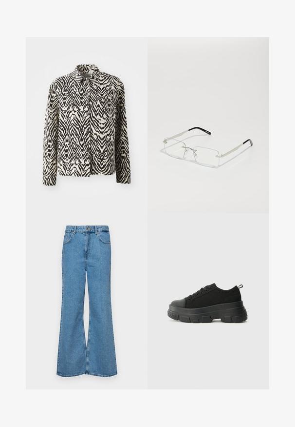 Giacca a righe zebra nera e crema con maniche lunghe, colletto e chiusura con bottoni; presenta una tasca sul petto e un tessuto testurizzato.; T-shirt nera in cotone con maniche corte, caratterizzata da una piccola grafica di una farfalla rosa sul lato sinistro del petto. Design a girocollo con una vestibilità rilassata.; Jeans svasati di un blu chiaro, realizzati in denim, con vita alta, cinque tasche e chiusura a un bottone. Morbido al tatto con una finitura scolorita.; Sneaker nere con suola in gomma spessa, superiore in tessuto testurizzato, punta rotonda e design con lacci. Presenta occhielli rinforzati e linguetta sul retro.; Occhiali rettangolari con lenti trasparenti, montatura in metallo sottile di colore argento e punte in acetato nero. Presentano un design elegante caratterizzato da un hardware minimale.