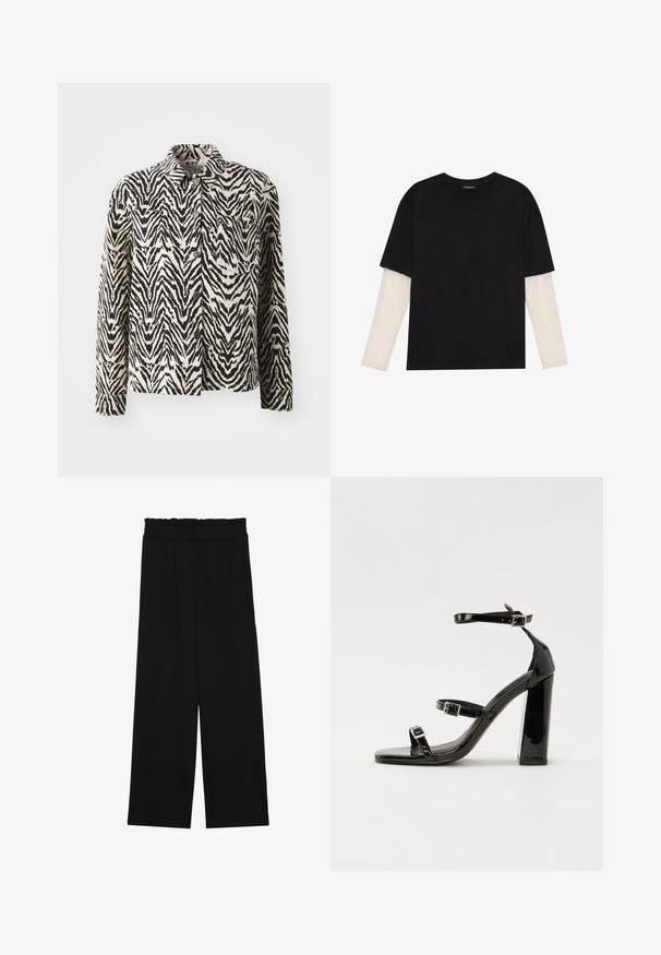 Svart og kremfarget jakke med zebra-striper, lange ermer, krage og knappeåpning; har en brystlomme og teksturert stoff.; Svart T-skjorte laget av bomull, med korte ermer over et hvitt langermet lag med en subtil teksturert mønster. Rund hals design.; Svarte vide bukser med rynket liv, med to sidelommer og et glatt, lett stoff. Ingen synlige mønstre eller metalldeler.; Svart høyglans sandaler med hæl, firkantet tå, ankelremmer og sølvspenner. Har en kraftig blokkhæl for stabilitet.