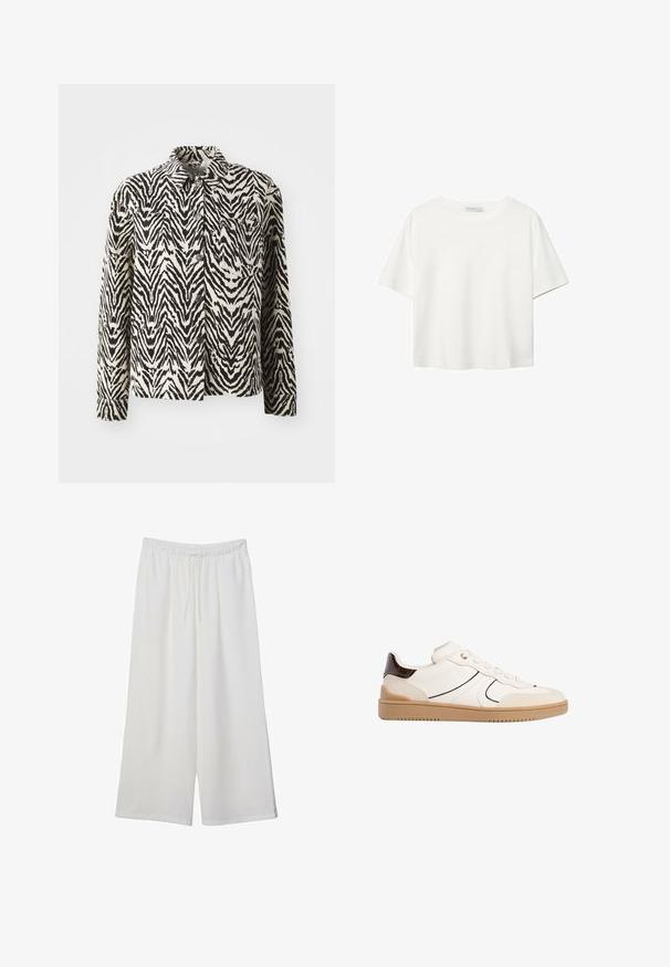 Svart och gräddfärgad zebra-randig jacka med långa ärmar, krage och knappstängning; har en bröstficka och texturerat tyg.; Vit t-shirt med kort ärm i bomull. Har en rundad halsringning och en avslappnad passform. Slät textur utan synliga mönster eller detaljer.; Vita vida byxor i lätt tyg med elastisk midja och dragsko för justerbar passform. Mjuk textur.; Stradivarius Sneakers - white