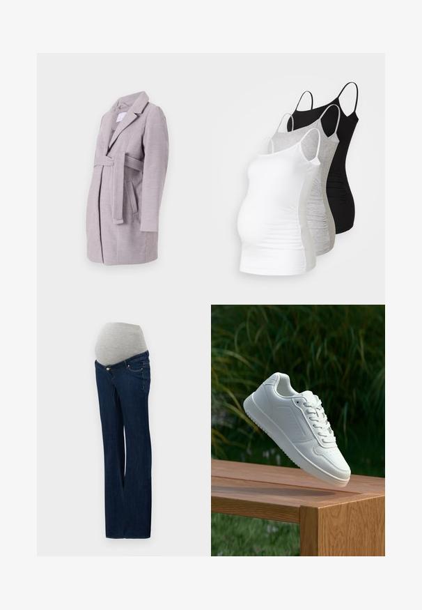 Gai pelēks mētelis ar jostu, apkakli, sānu kabatām un garām piedurknēm, izgatavots no mīkstas, teksturētas auduma, ar modernu piegriezumu.; Trīs grūtniecības tērpi bez piedurknēm baltā, pelēkā un melnā krāsā. Elastīgs audums ar regulējamiem tievajiem plecu siksniņām un savilktām sānu šuvēm komfortam.; Maternitātes džinsi, kas izgatavoti no tumši zilas denima, ar pelēku elastīgu vēderpaneli, taisnu kāju dizainu un priekšējām kabatām ar metāliskiem akcentiem.; Baltie sporta apavi ar gludu sintētisku augšpusi, perforētu pirkstu daļu, plakani šņorēm un rakstainu zoli, novietoti uz koka virsmas.