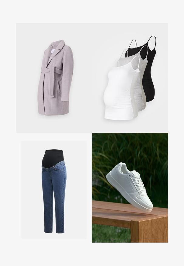Lys grå belted frakk med krage, sidelommer og lange ermer, laget av myk, teksturert stoff, med moderne skreddersydd design.; Tre ammetoppe til gravide i hvit, grå og svart. Elastisk stoff med justerbare spaghetti-stropper og samlede sidesømmer for komfort.; Graviditetsjeans med ben i blå denim og et svart elastisk magepanel designet for å støtte og dekke en voksende buk.; Hvite sneakers med en glatt syntetisk overdel, perforert tåboks, flate snørebånd og en teksturert såle, vist på en treflate.