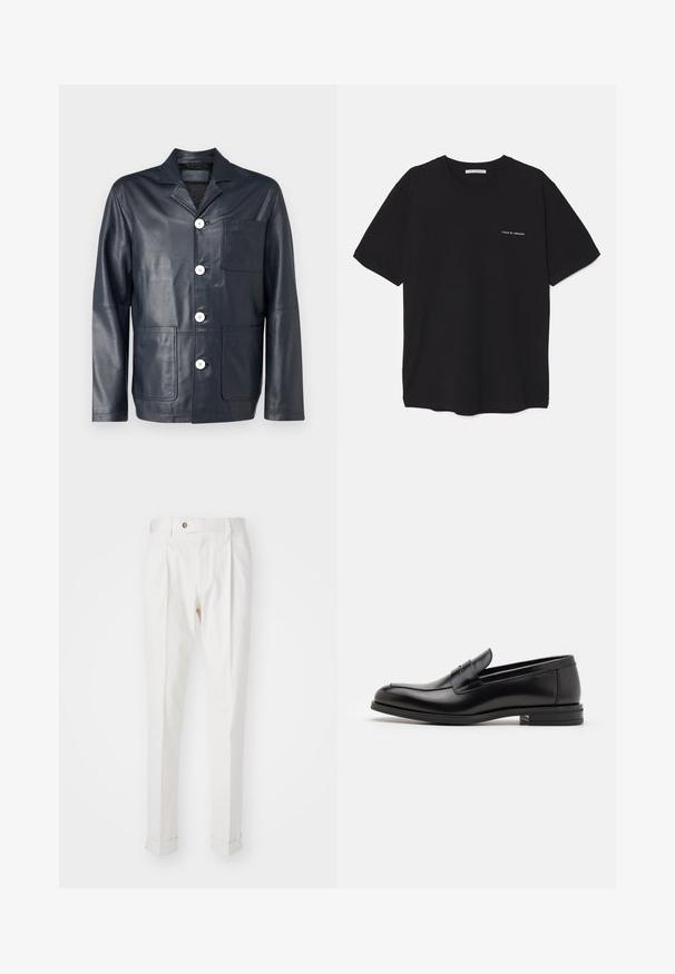 Tumesinine nahast jakk, millel on sälguga krae, viis valget nuppu, üks rindade tasku ja kaks esistaskut. Sile tekstuur ja kohandatud sobivus.; Must musta T-särk, ümar kaelus, lühikesed varrukad ja valge logo trükk vasakul rinnal. Lihtne, ühtlane värvitoon.; Valged kohandatud püksid, millel on sirge esiosa, kaks voltimist ja rullitud avad. Valmistatud siledast kangast, millel on nööpelement vööl.; Mustad mustad nahast loafers sileda tekstuuriga, ümarat ninaosa ja dekoratiivne riba vampi üle. Madal kihiline konts, minimalistlik disain.
