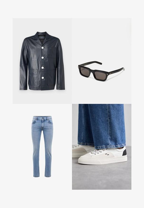 Námornícka kožená bunda s výstrihom do "V", piatimi bielymi gombíkmi, jednou náprsníkovou kapsou a dvoma prednými kapsami. Hladká textúra a prispôsobený strih.; Čierne bavlnené tričko s okrúhlym výstrihom, krátkymi rukávmi a bielym logom "EMPORIO ARMANI" nad textom "Milano" v zakrivenej línii.; Svetlomodré džínsy s úzkym strihom, piatimi vreckami a rovnými nohavicami. Obsahujú zips a pásky na opasok. Mäkká textúra.; Biele a čierne tenisky s hladkým koženým zvrškom, štruktúrovanými akcentmi a masívnou bielou podrážkou. Obsahujú klasický dizajn so šnurovaním.; Čierne obdĺžnikové slnečné okuliare s tmavými sklami, hrubým plastovým rámom, zlatými detailami na spánkoch a vygravírovaným logom značky na ramene.