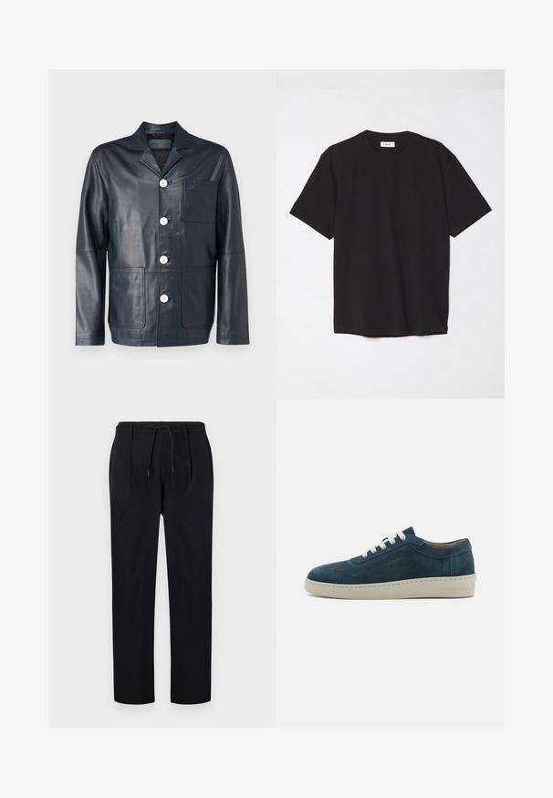 Tumesinine nahast jakk, millel on sälguga krae, viis valget nuppu, üks rindade tasku ja kaks esistaskut. Sile tekstuur ja kohandatud sobivus.; Must must t-särk, millel on ümmargune kaelus, lühikesed varrukad ja lõdva soe. Lihtne disain, sile tekstuur ja nähtamatud mustrid või logod.; Mustadest siledast kangast püksid, millel on nööriga vöökoht, sirged sääred ja esiõmblused, mis loovad struktureeritud väljanägemise.; Sinine sametist tennis, ümarate varvastega, valgete paeltega ja kummist tallaga. Omab peeneid tikandeid ja bränditud aktsenti külgedel.